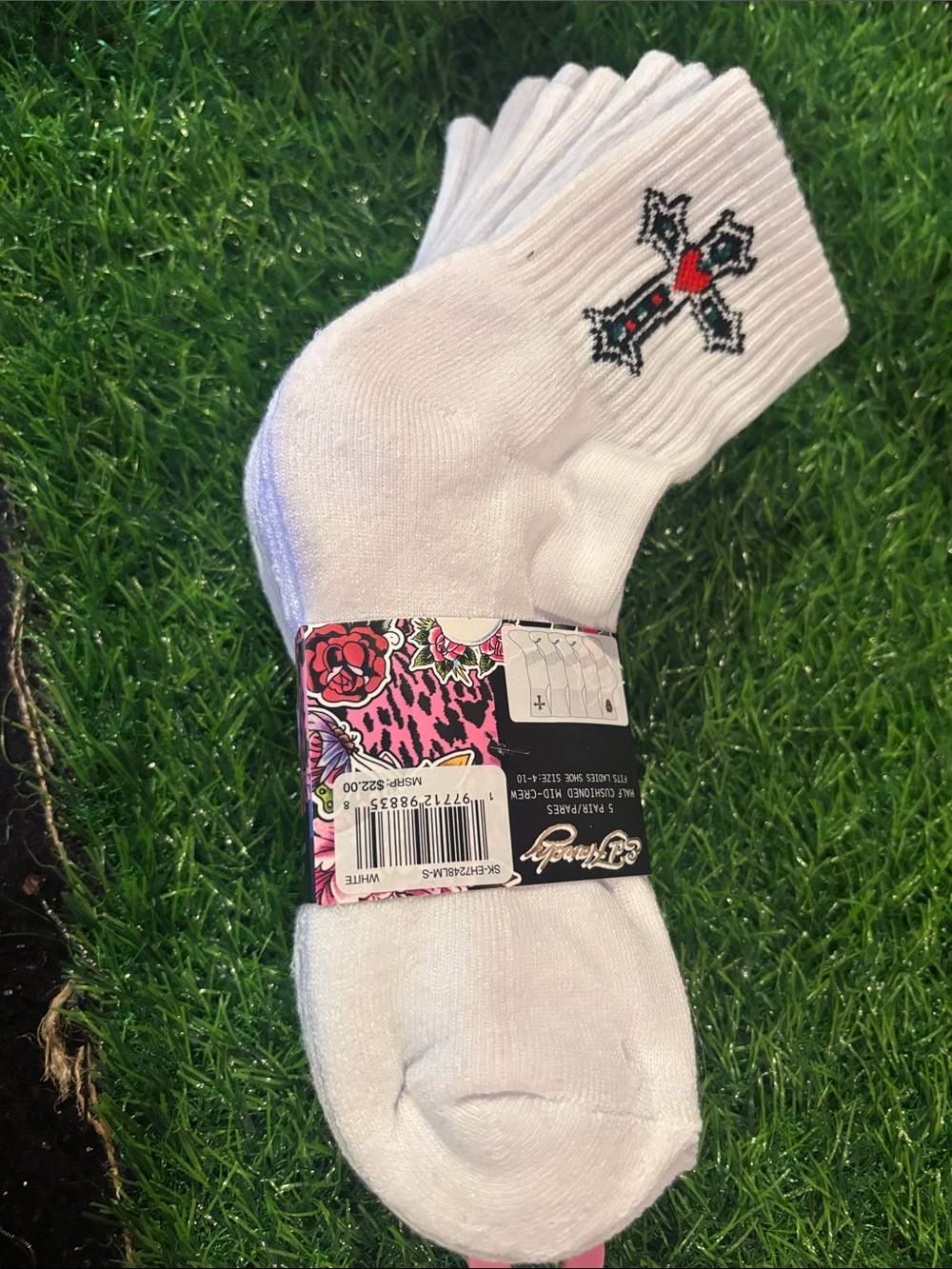 Ed hardy women’s White Crew Socks with Embroidered Cross and Red Heart